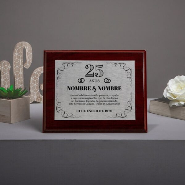 Ejemplo de placa conmemorativa para bodas de plata y 25 aniversario